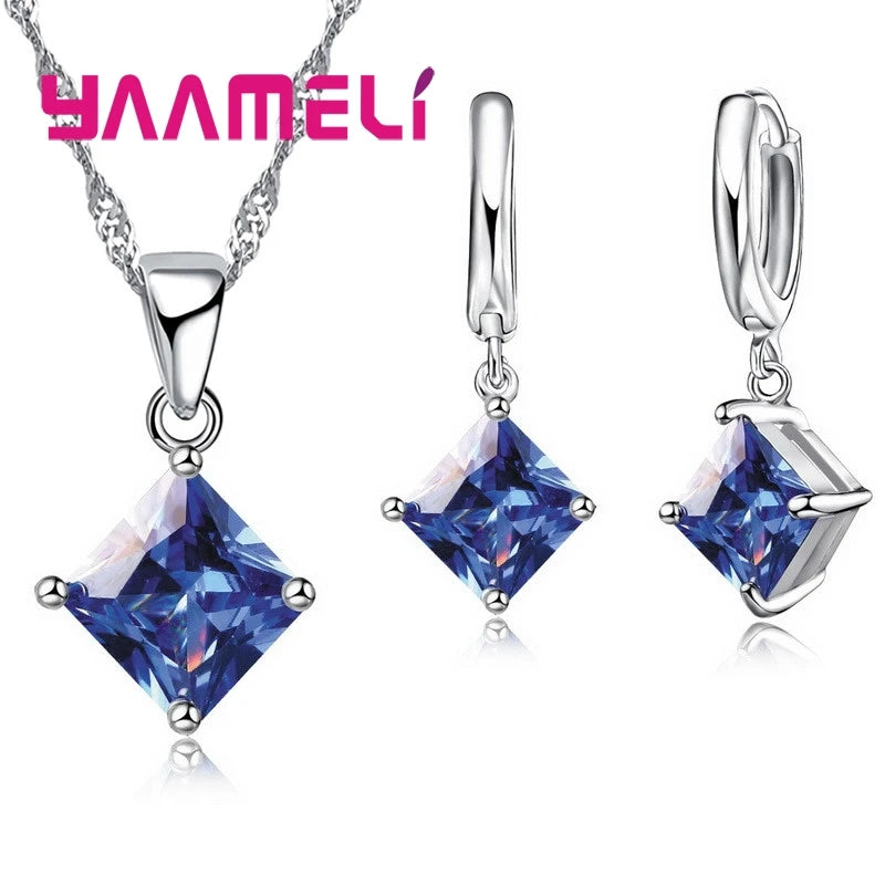 New Fashion Women Pendants Necklace Simple Geometry Square Earrings Crystal 925 Sterling Silver Jewelry Sets for Wedding