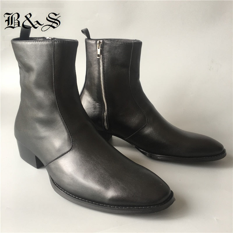 Black& Street New Slim Fit  wedge Luxury genuine Leather Chelsea Zipper Boots 4cm heel High Men Dress wedding business Boots