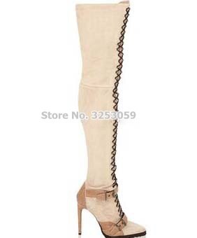 ALMUDENA Sale Beige Black Suede High Boots Pointed Toe Buckle Strap Over-the-knee Long Boots Cross Strap Lace-up Thigh Boots