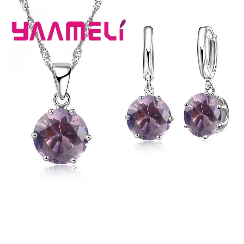 925 Sterling Silver Jewelry Gift Set 17 Colors Cubic Zircon Pendant Necklace Necklace Crystal Women Wedding Engagement Accessory