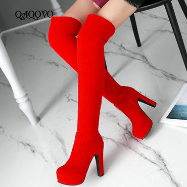 Women Winter Plush Boots Flock Square High Heel Over The Knee Boots Platform Zipper Boots Autumn Winter Fashion Ladies Shoes