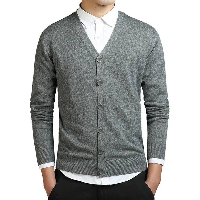 New 100% Cotton Sweater Men Long Sleeve Cardigan Mens V-Neck Sweaters Loose Solid Button Fit Knitting Casual Style Clothing