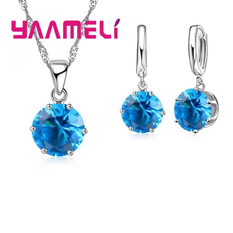925 Sterling Silver Jewelry Gift Set 17 Colors Cubic Zircon Pendant Necklace Necklace Crystal Women Wedding Engagement Accessory