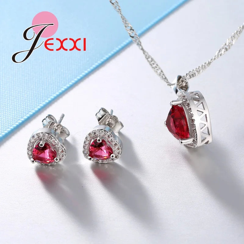 New Arrival Fashion 925 Sterling Silver Jewelry Set Charm Red Heart Necklace + Earrings + Ring Sets Wholesale