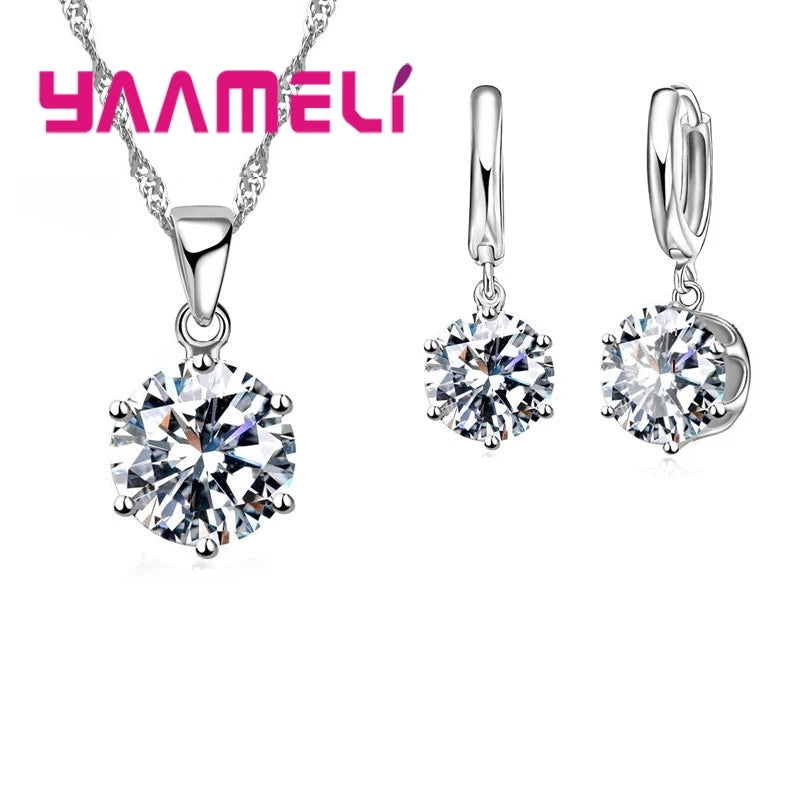 925 Sterling Silver Jewelry Gift Set 17 Colors Cubic Zircon Pendant Necklace Necklace Crystal Women Wedding Engagement Accessory
