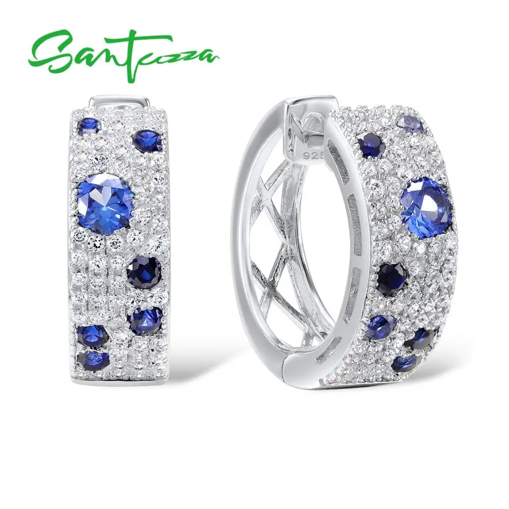 SANTUZZA Genuine 100% 925 Sterling Silver Jewelry Set for Women Sparkling Blue Nano CZ Earrings Ring Set Gorgeous Jewelry