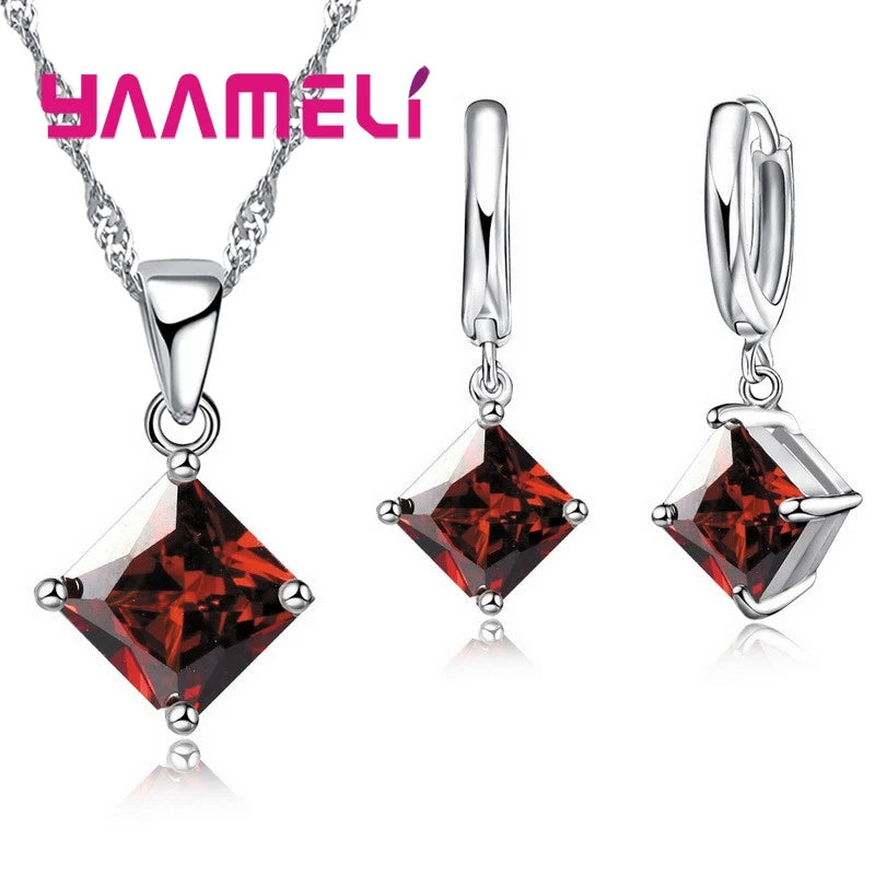 New Fashion Women Pendants Necklace Simple Geometry Square Earrings Crystal 925 Sterling Silver Jewelry Sets for Wedding