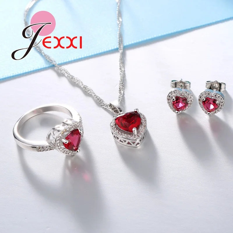 New Arrival Fashion 925 Sterling Silver Jewelry Set Charm Red Heart Necklace + Earrings + Ring Sets Wholesale