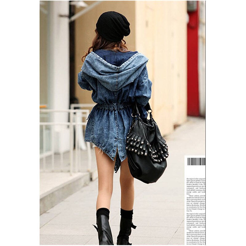 Women Denim Jeans Coat Jacket  New Women Jeans Coats Vintage Long Sleeve Slim Hoody  Hooded Coat Roupas Femininos