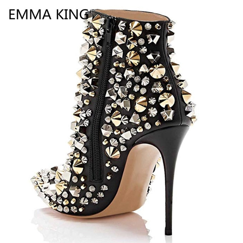 Fashion Pointed Toe Ankle Boots For Women Rivets Studded Designer Party Shoes Sexy High Heels Winter Black Woman Casual Boots