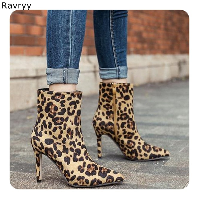 Ins Fashion Sexy Leopard Woman's short boots suede leather autumn winter women ankle boot thin heel pointed toe female shoes