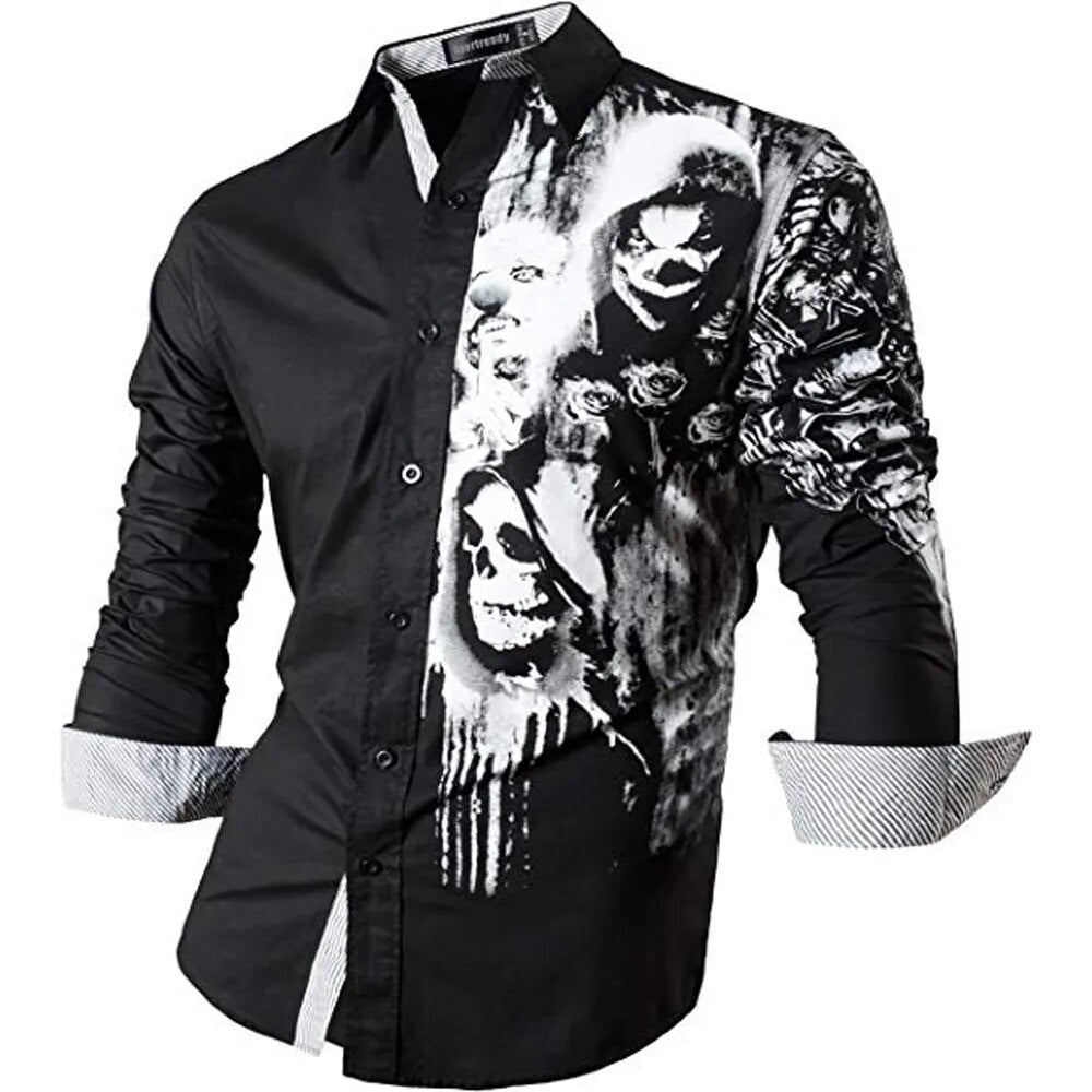 Sportrendy Men Shirts Dress Casual Fashion Long Sleeve Stylish Skull Print Tattoo JZS047