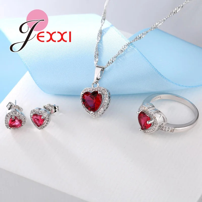 New Arrival Fashion 925 Sterling Silver Jewelry Set Charm Red Heart Necklace + Earrings + Ring Sets Wholesale