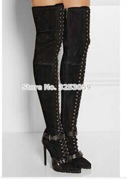 ALMUDENA Sale Beige Black Suede High Boots Pointed Toe Buckle Strap Over-the-knee Long Boots Cross Strap Lace-up Thigh Boots