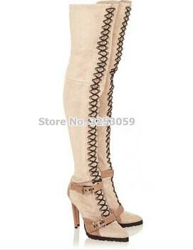 ALMUDENA Sale Beige Black Suede High Boots Pointed Toe Buckle Strap Over-the-knee Long Boots Cross Strap Lace-up Thigh Boots