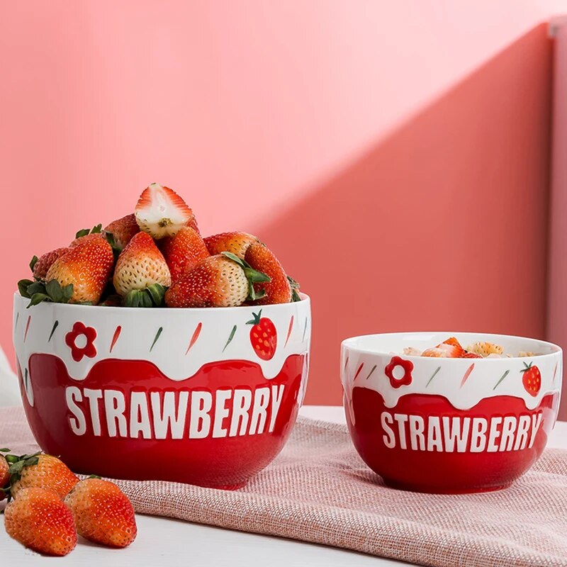 Salad Ceramic Bowls Hand Paint Strawberry Bowl Pasta Fruit Cuit Cereal Bowl Strawberry Salad Bowl Tableware Kitchen Cooking Tool