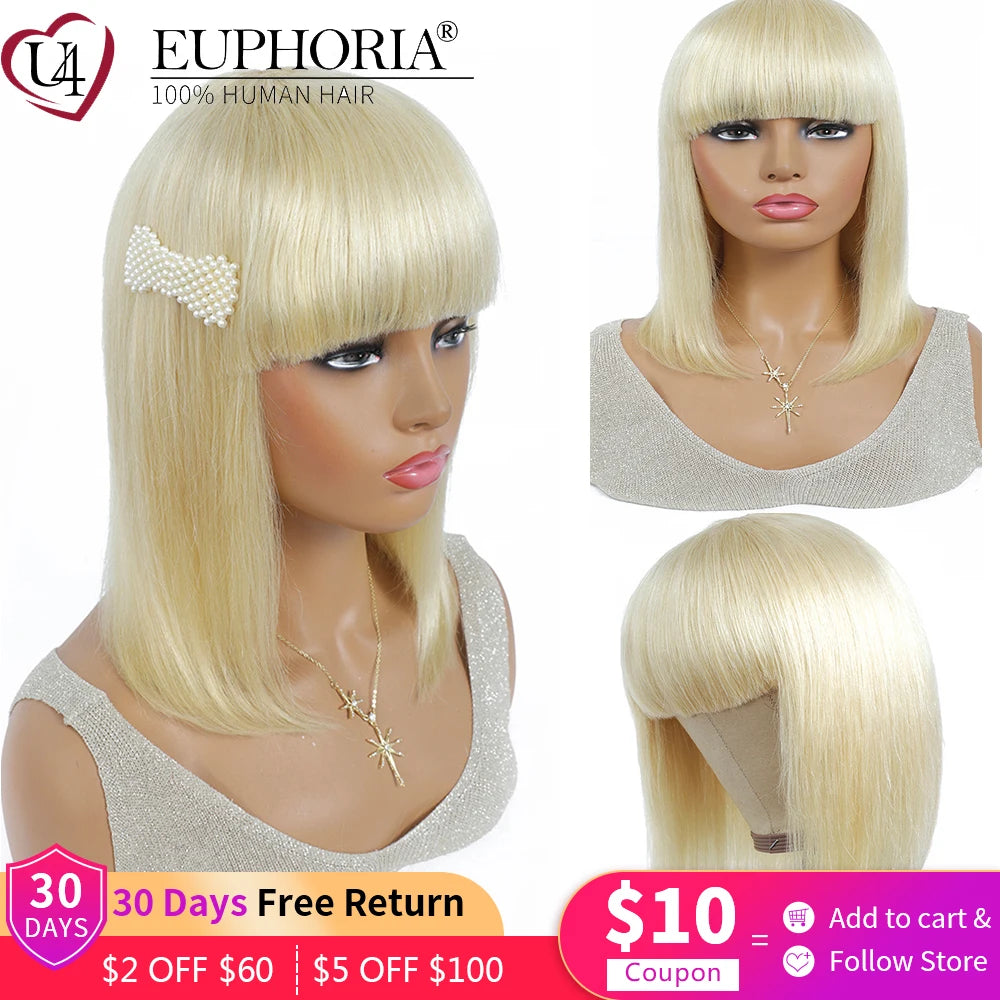 Blonde 613 Straight Hair Bob Wigs Brazilian Remy Human Hair Full Machine Non Lace Wigs With Bangs Ombre Platinum 8-28In EUPHORIA