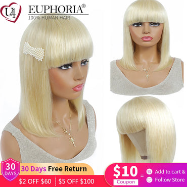 Blonde 613 Straight Hair Bob Wigs Brazilian Remy Human Hair Full Machine Non Lace Wigs With Bangs Ombre Platinum 8-28In EUPHORIA