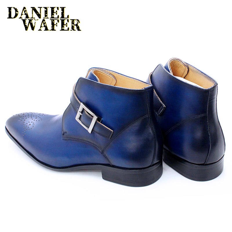 Luxury Men's Boots Genuine Leather Basic Ankle Boot Men Dress Shoes Black Blue Pointed Toe Slip On Buckle Strap Casual Men Boots