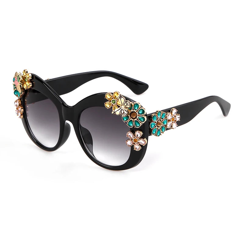 80S Women Oversized Flower Diamond Sunglasses Luxury Brand Designer Retro Vintage Cat Eye Rhinestone Shades Sun Glasses