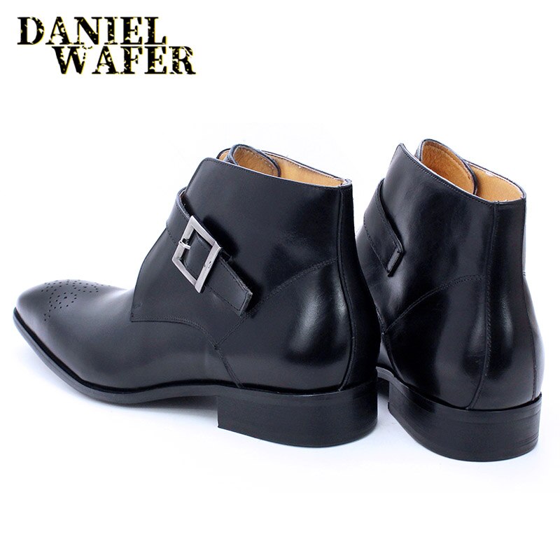 Luxury Men's Boots Genuine Leather Basic Ankle Boot Men Dress Shoes Black Blue Pointed Toe Slip On Buckle Strap Casual Men Boots