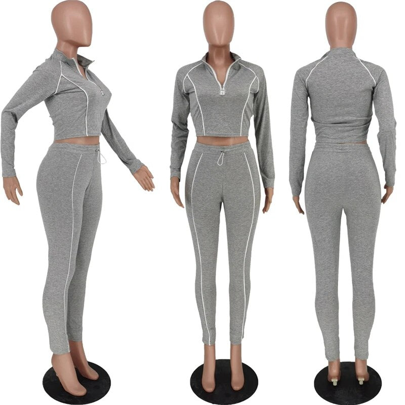 Adogirl Reflective Trim Patchwork 2 Piece Set Tracksuit for Women Zipper Long Sleeve Pullover Top Leggings Pants Jogging Suits