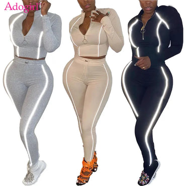 Adogirl Reflective Trim Patchwork 2 Piece Set Tracksuit for Women Zipper Long Sleeve Pullover Top Leggings Pants Jogging Suits