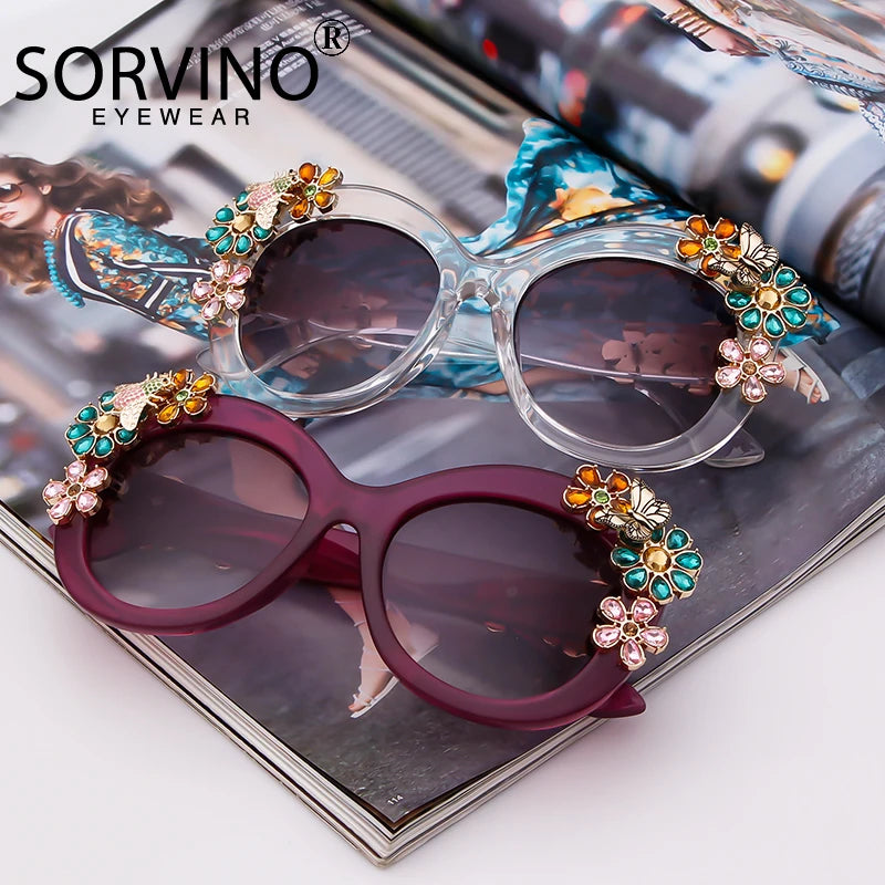 80S Women Oversized Flower Diamond Sunglasses Luxury Brand Designer Retro Vintage Cat Eye Rhinestone Shades Sun Glasses