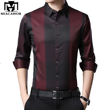 MIACAWOR New 2023 New Dress Shirt Men Spring Long Sleeve Plaid Shirts Silk Slim Fit Camisa Masculina Casual Men Shirts C576