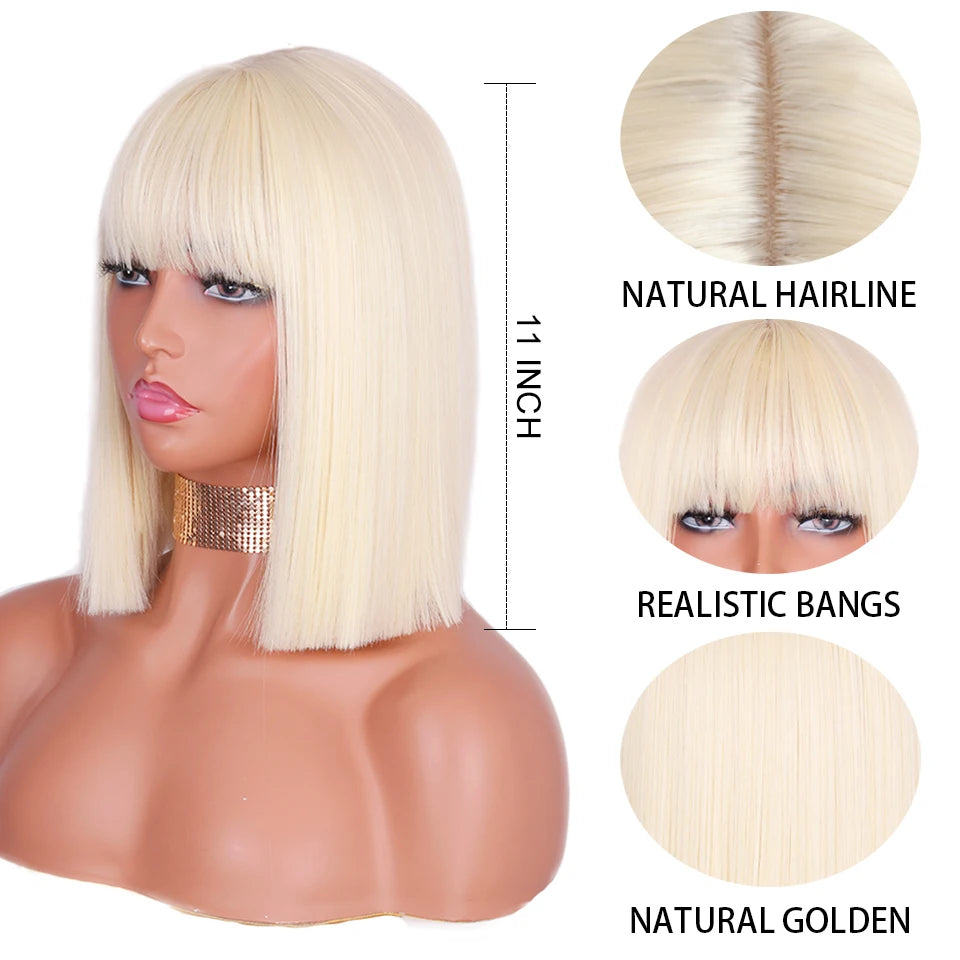 Synthetic Blonde Wig with Bangs Short Wigs for Women Golden Wig Straight Bob Wig Natural Heat Resistant Wigs 11 Inches for Party