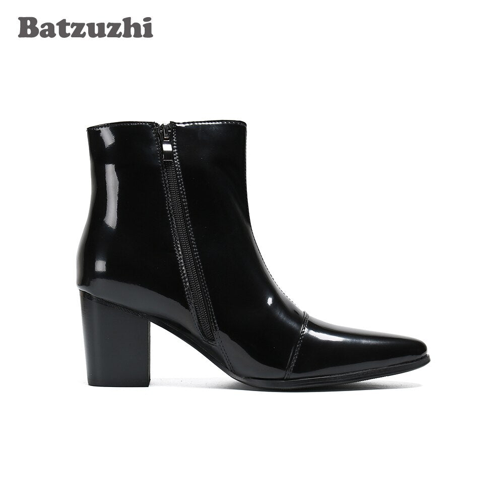 Batzuzhi Pointed Toe Leather Dress Boots Men 7CM High Heel Men Boots Zip Black Business Leather Ankle Boots Bota Masculina!