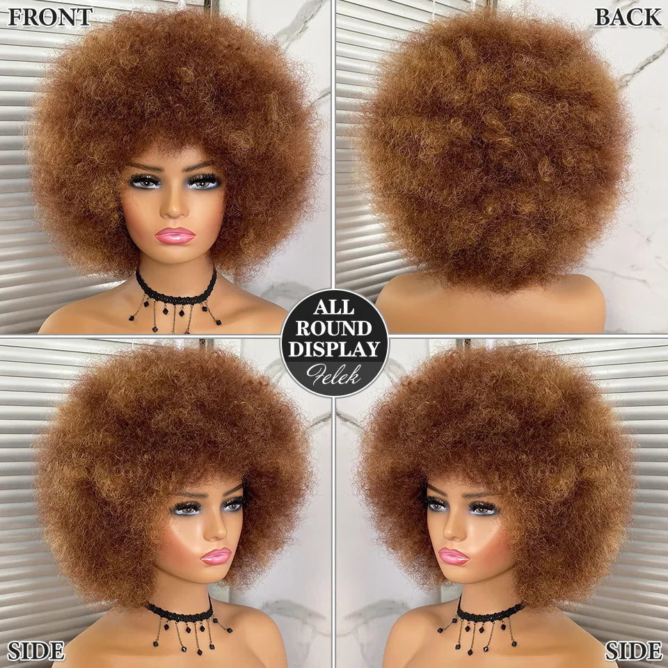 Short Hair Afro Kinky Curly Wigs With Bangs For Black Women African Synthetic Ombre Glueless Cosplay Natural Blonde Red Blue Wig