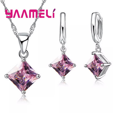 New Fashion Women Pendants Necklace Simple Geometry Square Earrings Crystal 925 Sterling Silver Jewelry Sets for Wedding