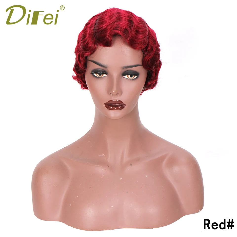 DIFEI Short Finger Wave Wig Cosplay Hair 6Inches Vintage Synthetic Wigs For Women Black Purple 613 Heat Resistant Hair