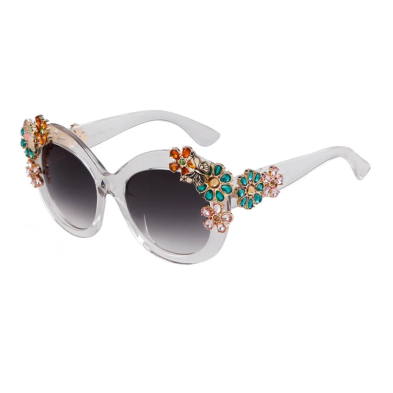 80S Women Oversized Flower Diamond Sunglasses Luxury Brand Designer Retro Vintage Cat Eye Rhinestone Shades Sun Glasses