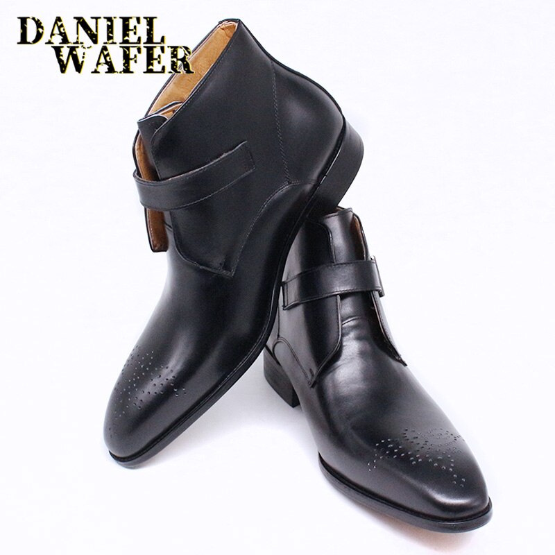 Luxury Men's Boots Genuine Leather Basic Ankle Boot Men Dress Shoes Black Blue Pointed Toe Slip On Buckle Strap Casual Men Boots