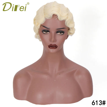 DIFEI Short Finger Wave Wig Cosplay Hair 6Inches Vintage Synthetic Wigs For Women Black Purple 613 Heat Resistant Hair