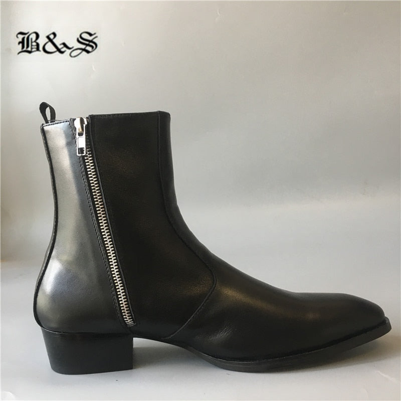 Black& Street New Slim Fit  wedge Luxury genuine Leather Chelsea Zipper Boots 4cm heel High Men Dress wedding business Boots