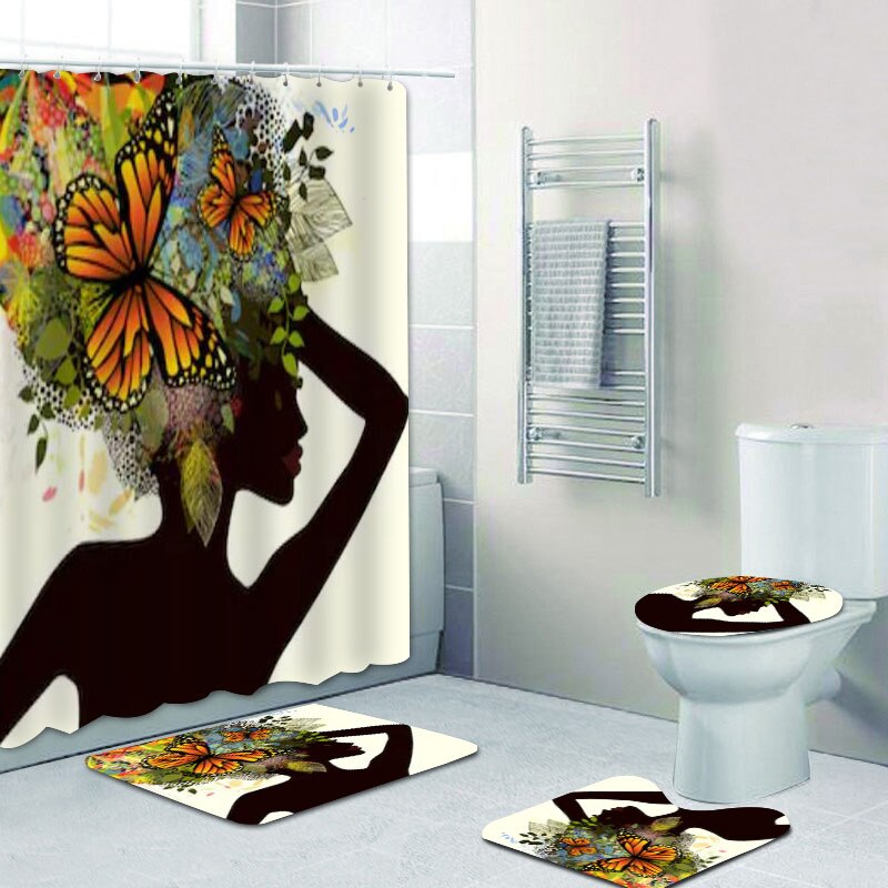 Floral African American Woman Shower Curtains Set Beautiful Black Girl with Flowers Butterflies Hairstyles Bath Mats Rugs Decor