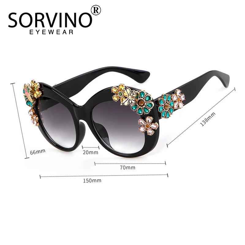 80S Women Oversized Flower Diamond Sunglasses Luxury Brand Designer Retro Vintage Cat Eye Rhinestone Shades Sun Glasses