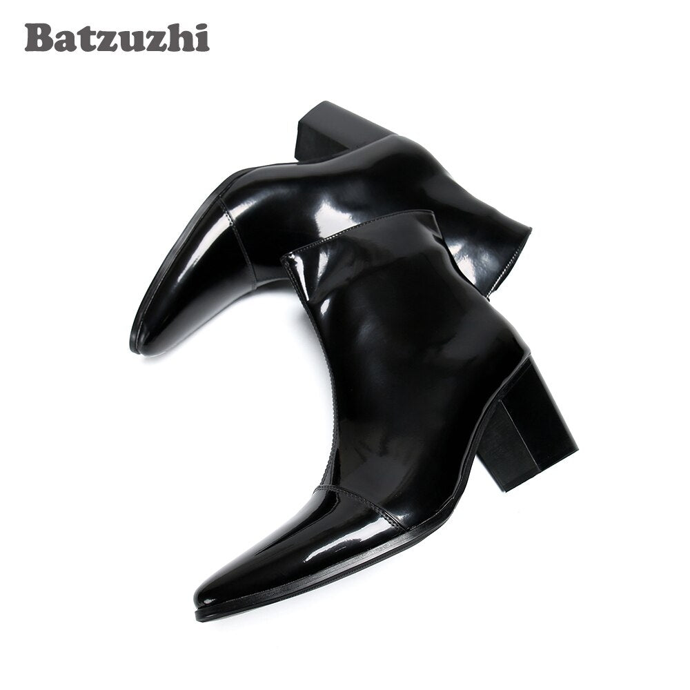 Batzuzhi Pointed Toe Leather Dress Boots Men 7CM High Heel Men Boots Zip Black Business Leather Ankle Boots Bota Masculina!