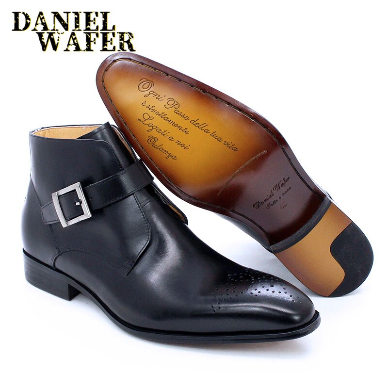 Luxury Men's Boots Genuine Leather Basic Ankle Boot Men Dress Shoes Black Blue Pointed Toe Slip On Buckle Strap Casual Men Boots