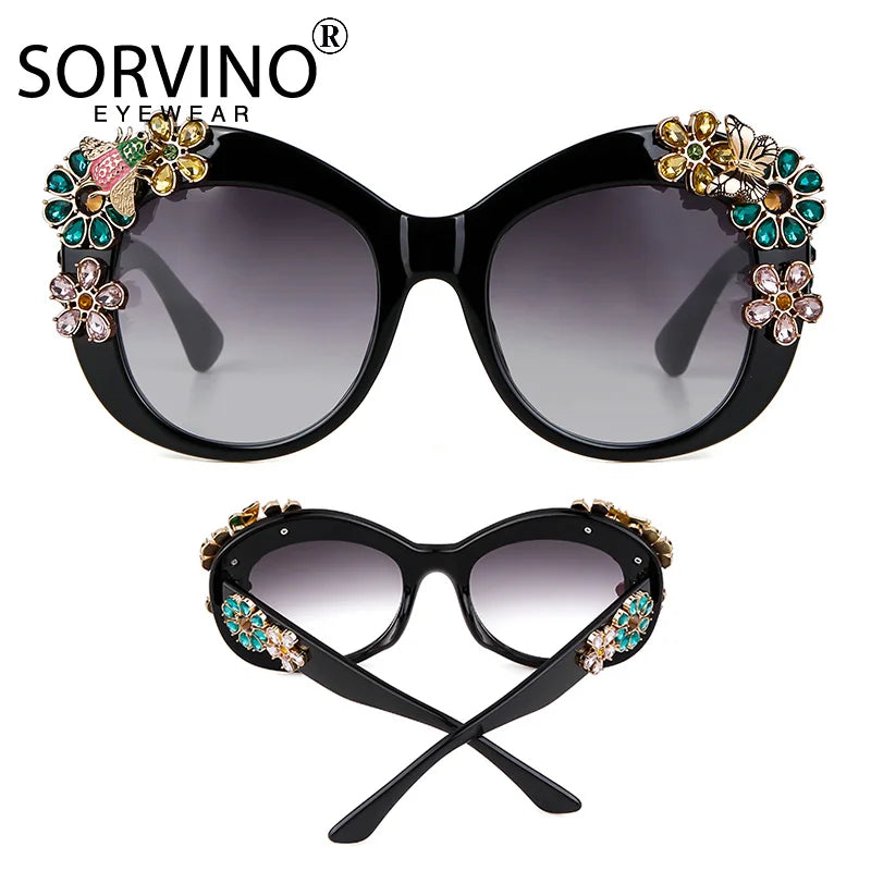 80S Women Oversized Flower Diamond Sunglasses Luxury Brand Designer Retro Vintage Cat Eye Rhinestone Shades Sun Glasses