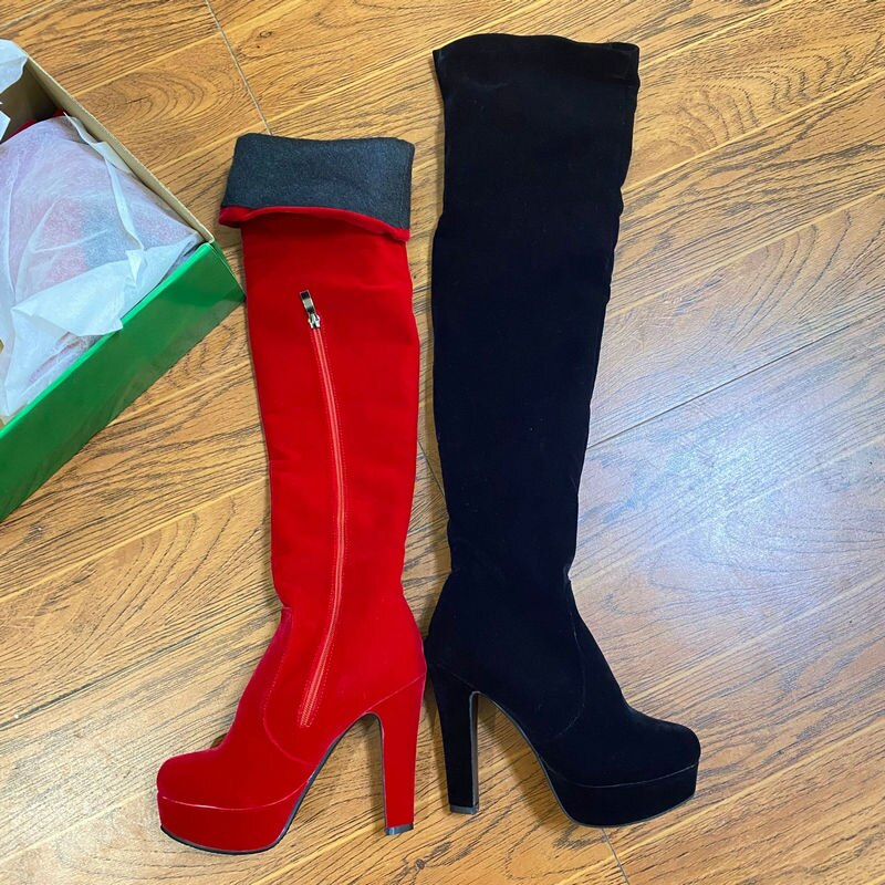 Women Winter Plush Boots Flock Square High Heel Over The Knee Boots Platform Zipper Boots Autumn Winter Fashion Ladies Shoes