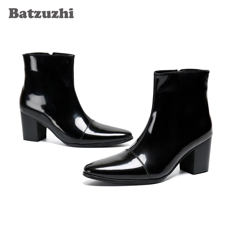 Batzuzhi Pointed Toe Leather Dress Boots Men 7CM High Heel Men Boots Zip Black Business Leather Ankle Boots Bota Masculina!