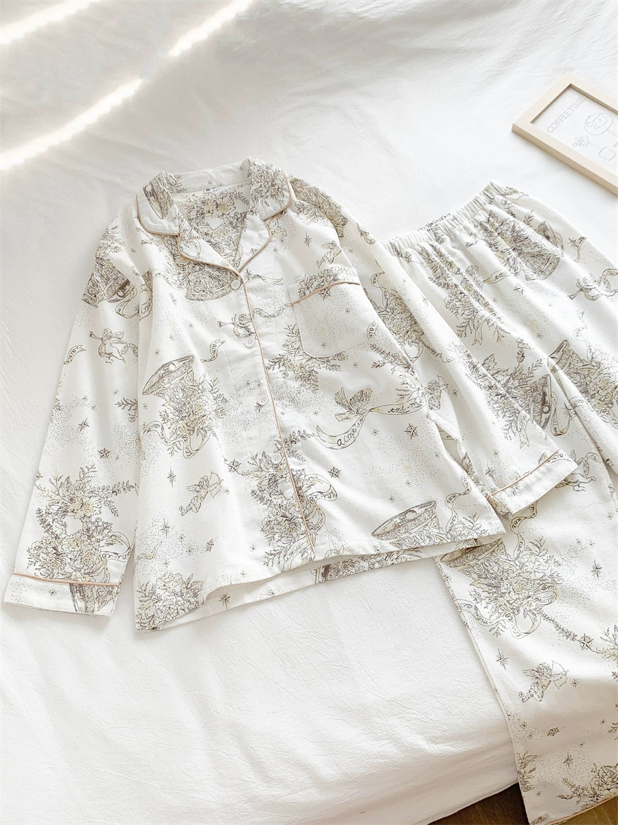 Aishen | Pure Cotton Brushed Pajamas for Women Spring and Autumn Long Sleeve Fancy Elegant White Autumn and Winter Homewear