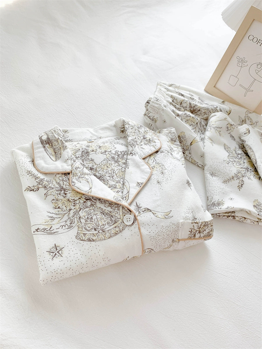 Aishen | Pure Cotton Brushed Pajamas for Women Spring and Autumn Long Sleeve Fancy Elegant White Autumn and Winter Homewear