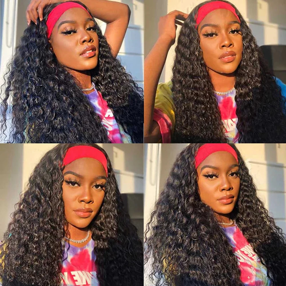 Glueless Curly Wigs With Headband Deep Wave Curly Headband Wigs For Black Women Brazilian Remy Human Hair Wear and Go Wigs