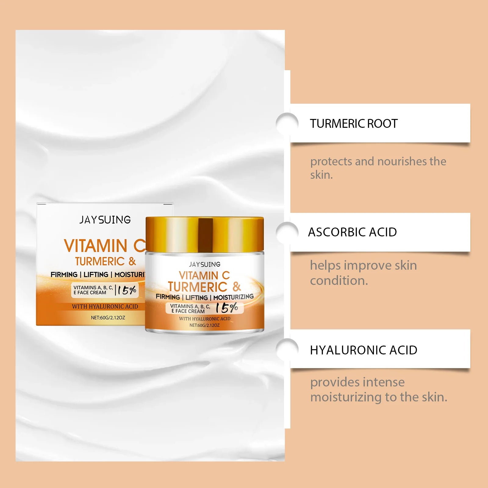 Turmeric Face Cream 15% Vitamin C Anti-Aging Firming Tightening Repair Skin Fights Acne Brightening Hyaluronic Acid Moisturizer