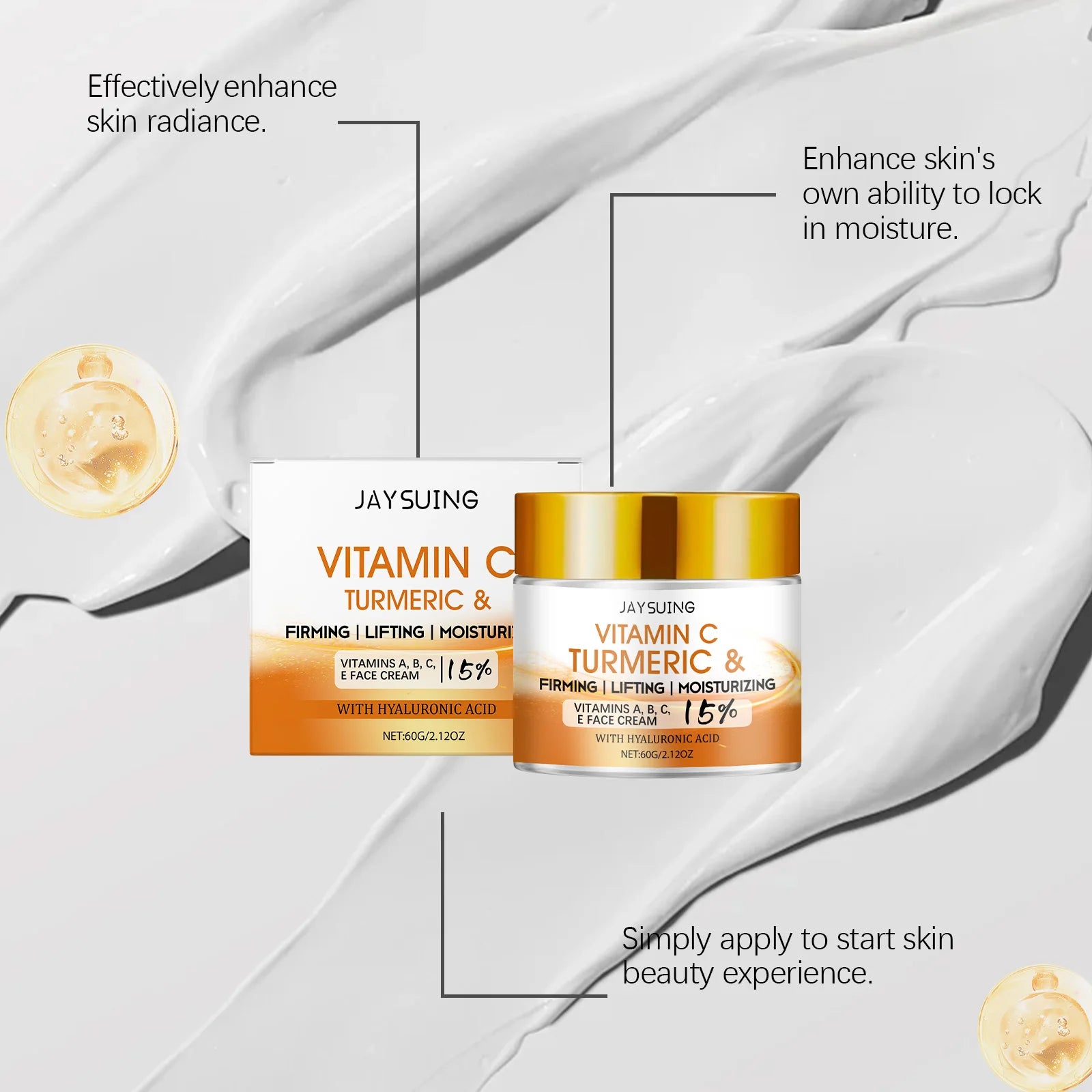 Turmeric Face Cream 15% Vitamin C Anti-Aging Firming Tightening Repair Skin Fights Acne Brightening Hyaluronic Acid Moisturizer
